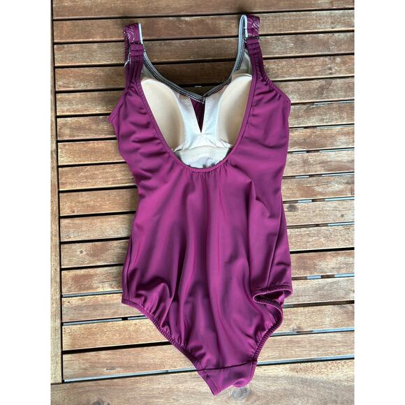 Roxanne One Piece Swimsuit 12/34B Bra Size D Plum Fuchsia Camisole Leotard Mesh - Picture 2 of 6